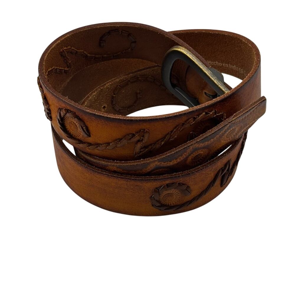 Levi’s Men’s Tooled and Braided Stitched Brown Leather Belt Western Hippy